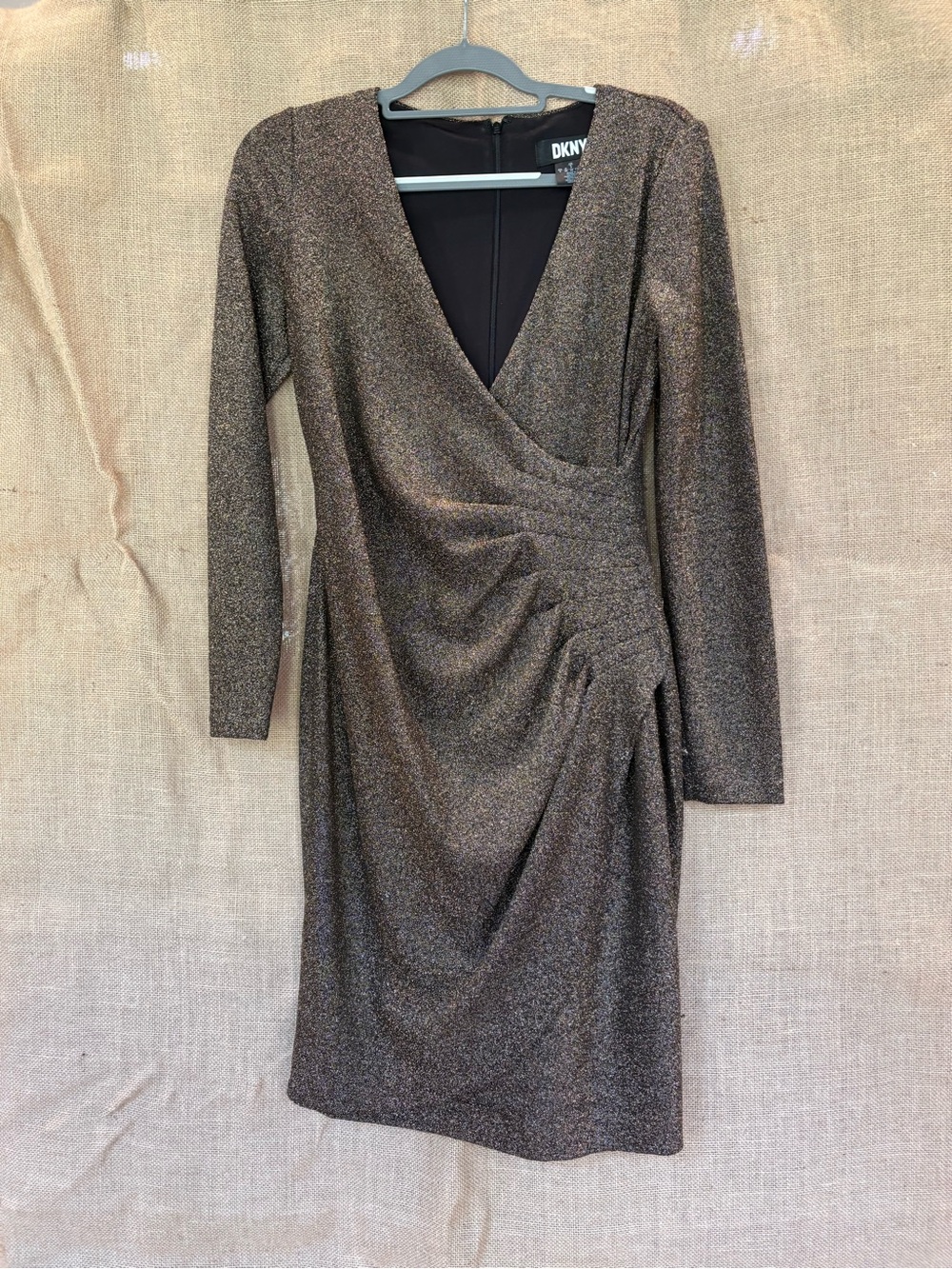 DKNY Metallic Bronze Wrap-Effect Midi Dress